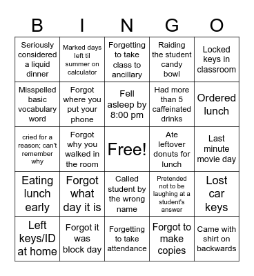 Tired Teacher Bingo Card