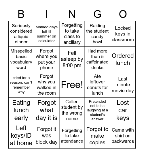 Tired Teacher Bingo Card