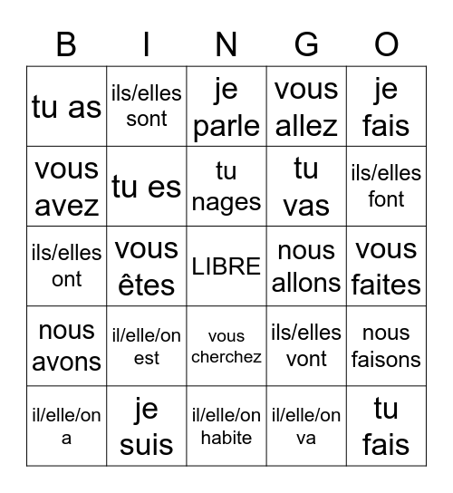 L14 - Les verbes Bingo Card