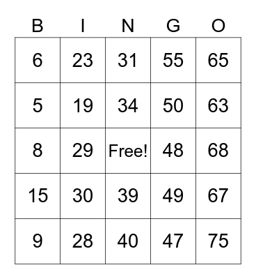 Number Bingo 1-75 PD Bingo Card