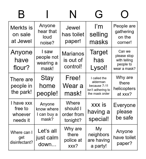 Neighborhood Group COVID Bingo Card