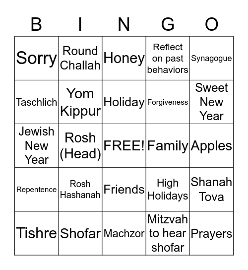 ROSH HASHANAH/YOM KIPPUR Bingo Card