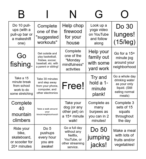 Health & Fitness BINGO!! Bingo Card