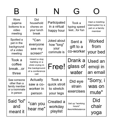 Bingo Working from Home Edition Bingo Card