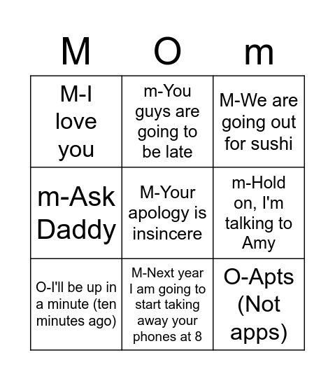 Mom Bingo (Test) Bingo Card