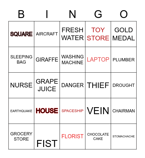 Charades Bingo Card