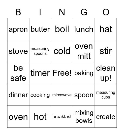 Cooking Camp 2020 Bingo Card