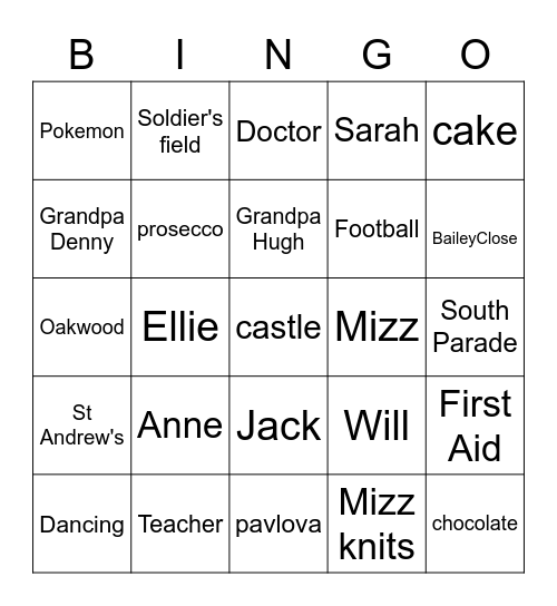Evans family Bingo Card