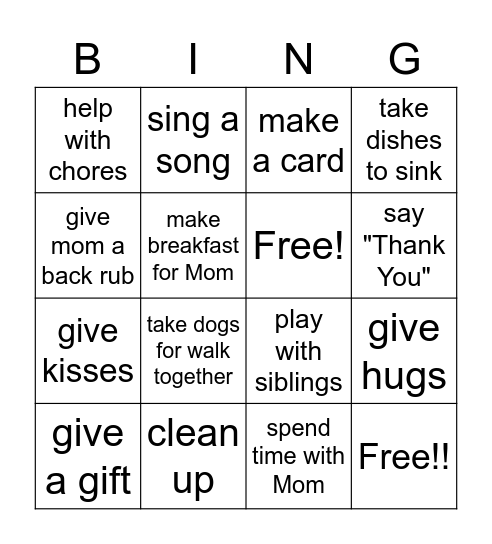 Acts of Kindness for Mom Bingo Card