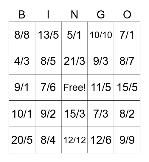 Improper Fractions Bingo Card