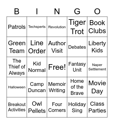 5th Grade Memories Bingo Card