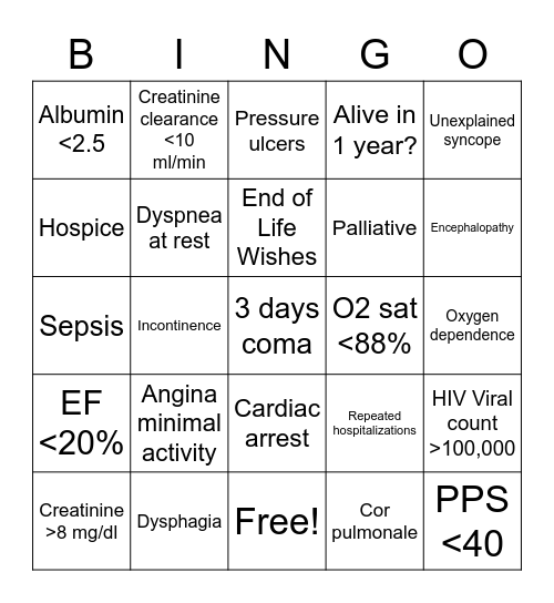 Hospice Eligibility Bingo Card