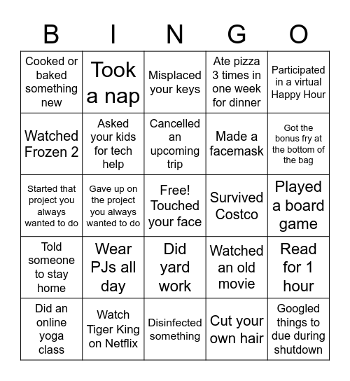 Stay Home Bingo Card