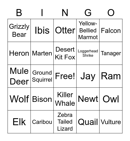 Animal Bingo Card