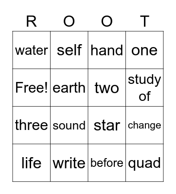 Greek & Latin Root Words Bingo Card