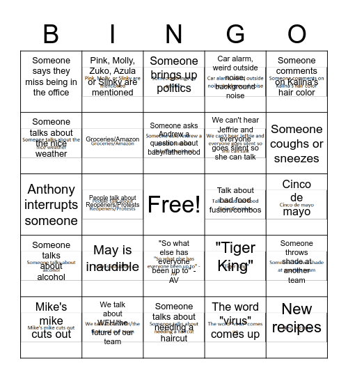 Team Meeting Bingo Card