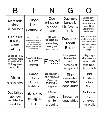 Jacobs Family Bingo Card