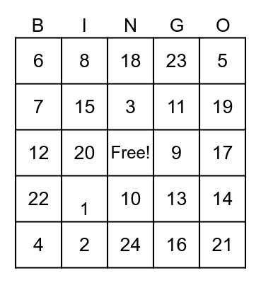 Fitness Bingo Card