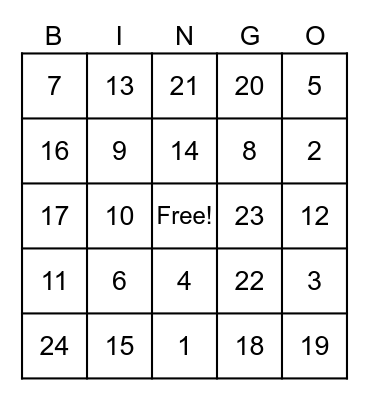 Fitness Bingo Card
