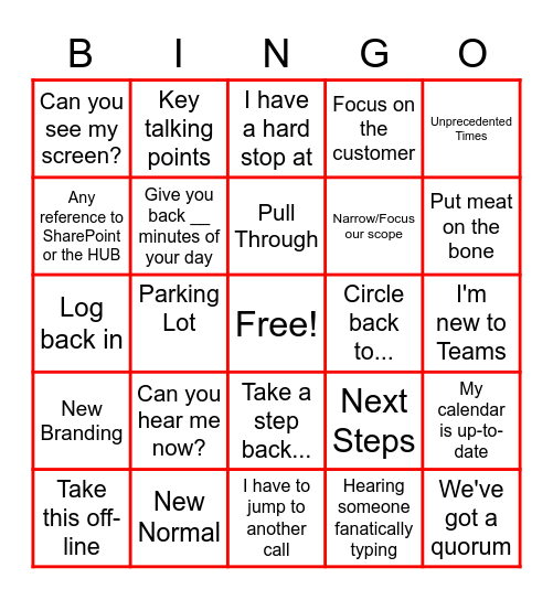 2020 WFH Bingo Card