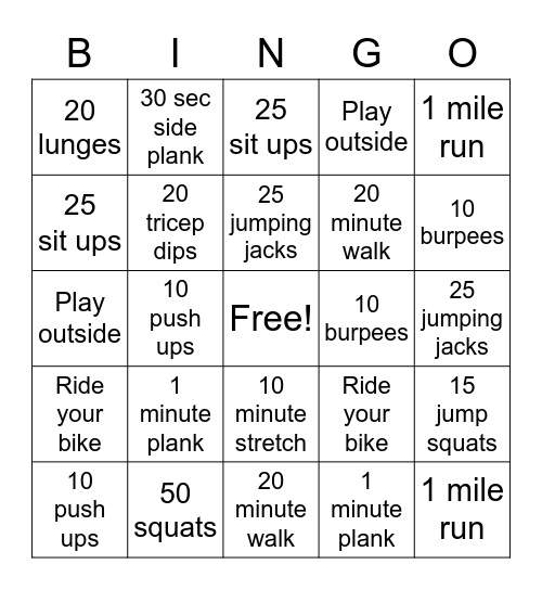 Workout Bingo Card