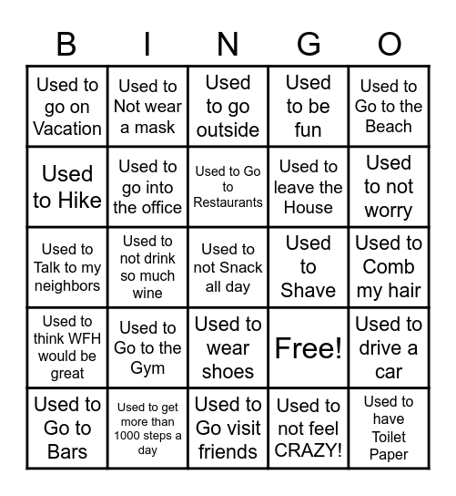 I Used to... Bingo Card