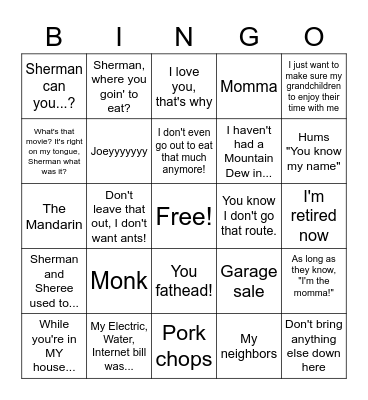 Things Grandma Says Bingo Card