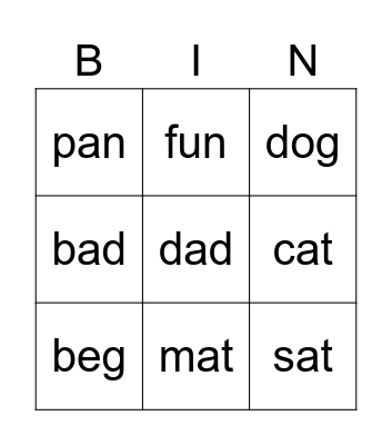 CVC Words 1 Bingo Card