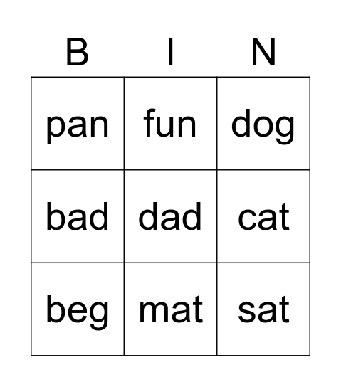 CVC Words 1 Bingo Card