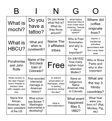 Cultural Bingo Card