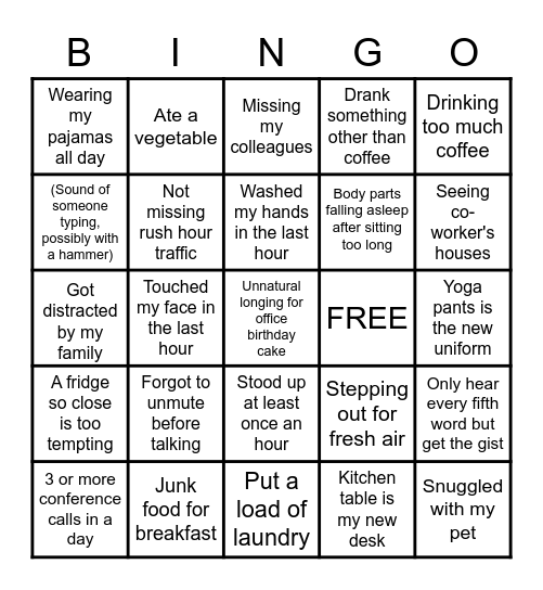 Working From Home Bingo Card