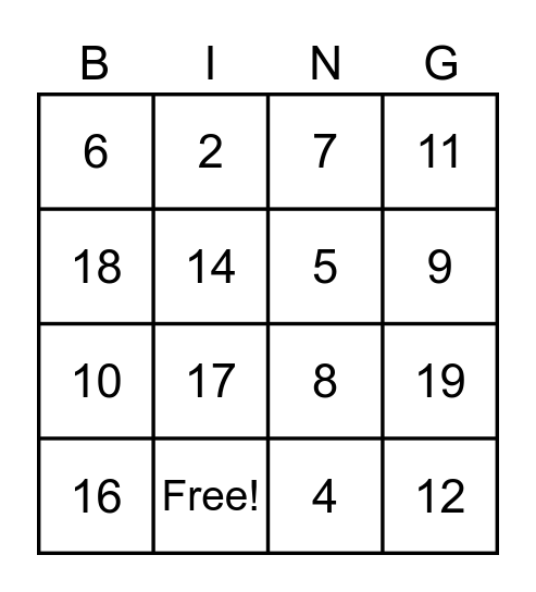 Number Bingo Card