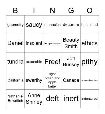 Literature Bingo Card