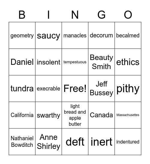 Literature Bingo Card