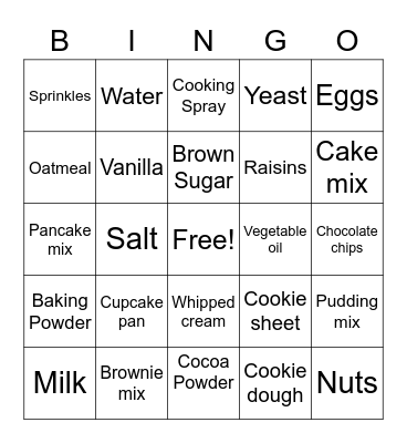 Baking Ingredients Bingo Card