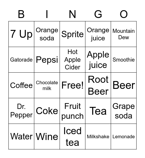 Drinks Bingo Card