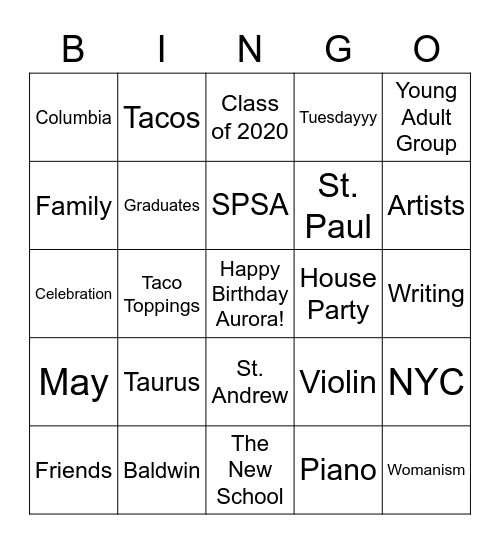 Birthday Bingo Card