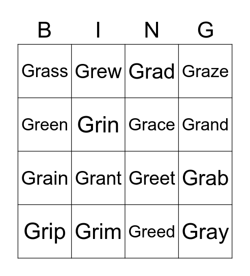 Gr words Bingo Card