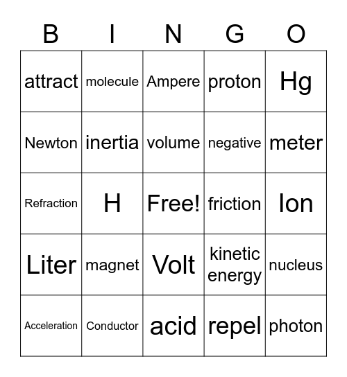 Physical Science Bingo Card