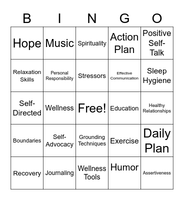 Recovery Bingo Card