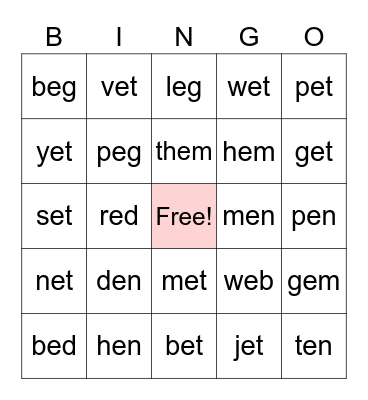 Phonics with FRANCES: Short E BINGO Card