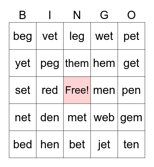 Phonics with FRANCES: Short E BINGO Card
