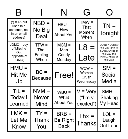 Do You Speak Millennial? Bingo Card