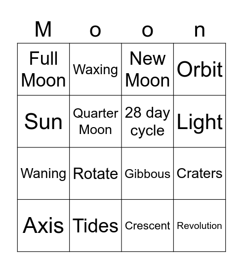 Moon Phases Bingo Card