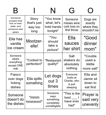 Warren Family Dinner Bingo Card