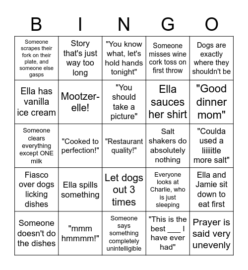 Warren Family Dinner Bingo Card