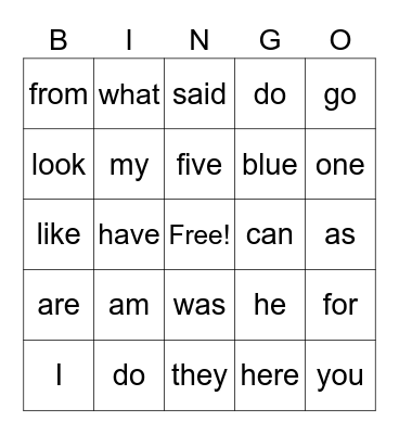 Sight Words Bingo Card