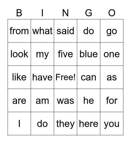 Sight Words Bingo Card