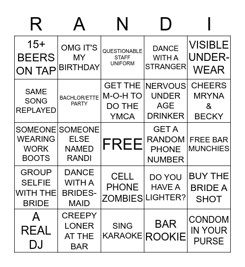 RANDI'S PUB CRAWL Bingo Card