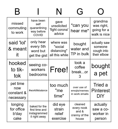 COVID edition Bingo Card